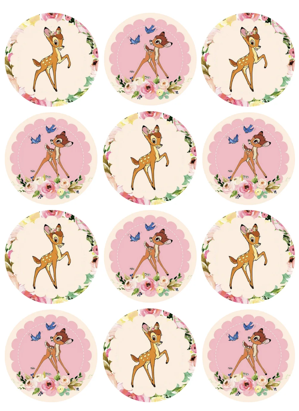 Bambi Edible Cupcake Topper 4cm Round Uncut Images Decoration