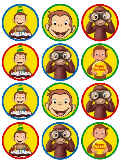 Curious George Edible Cupcake Topper 4cm Round Uncut Images Decoration