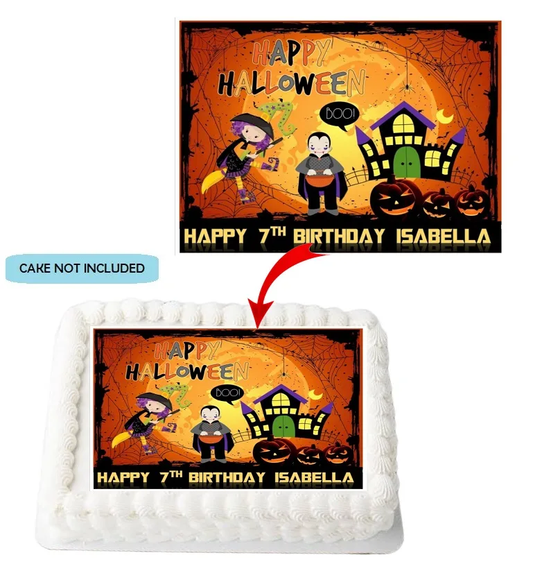 Halloween Theme PERSONALISED Edible A4 Rectangle Size Birthday Cake Topper Decoration Images