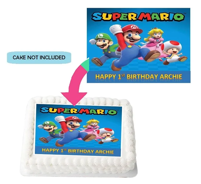 Super Mario PERSONALISED Edible A4 Size Rectangle Birthday Cake Topper Decoration Images