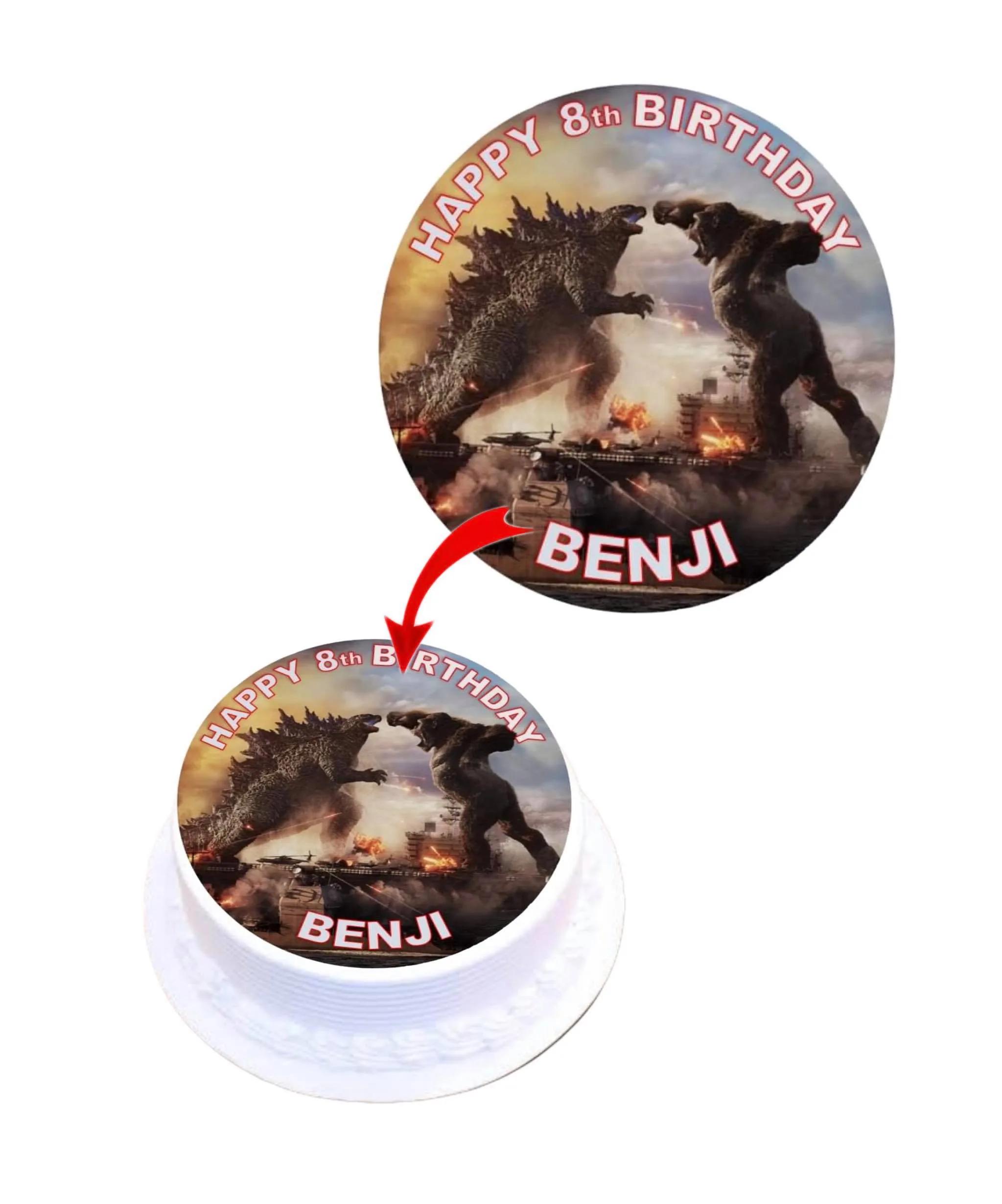 Godzilla vs Kong Personalised Round Edible Cake Topper Decoration Images