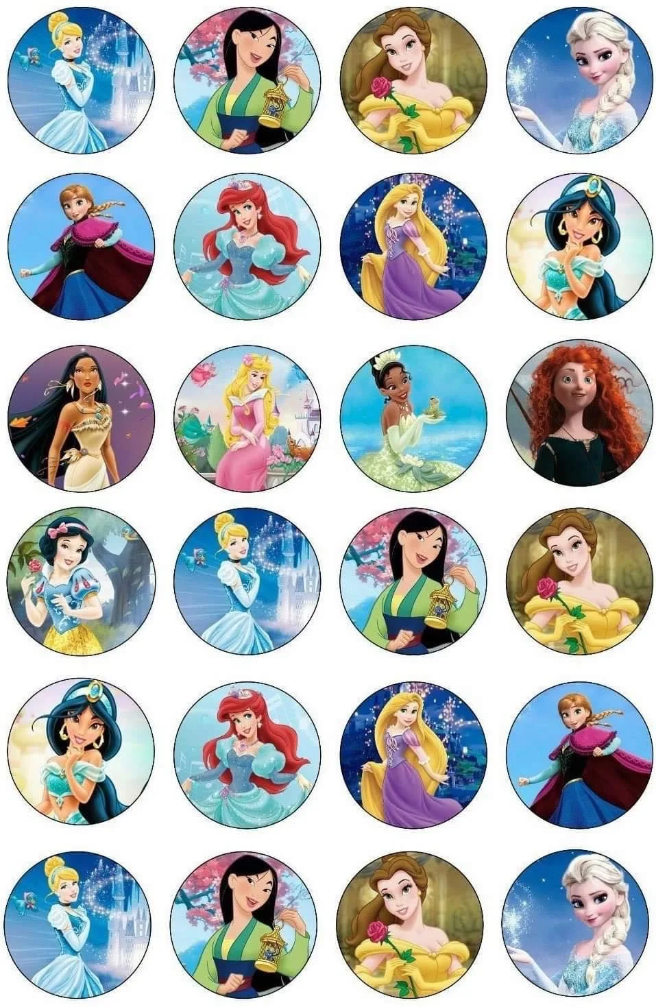 Disney Princess Edible Cupcake Topper 4cm Round Uncut Images Decoration