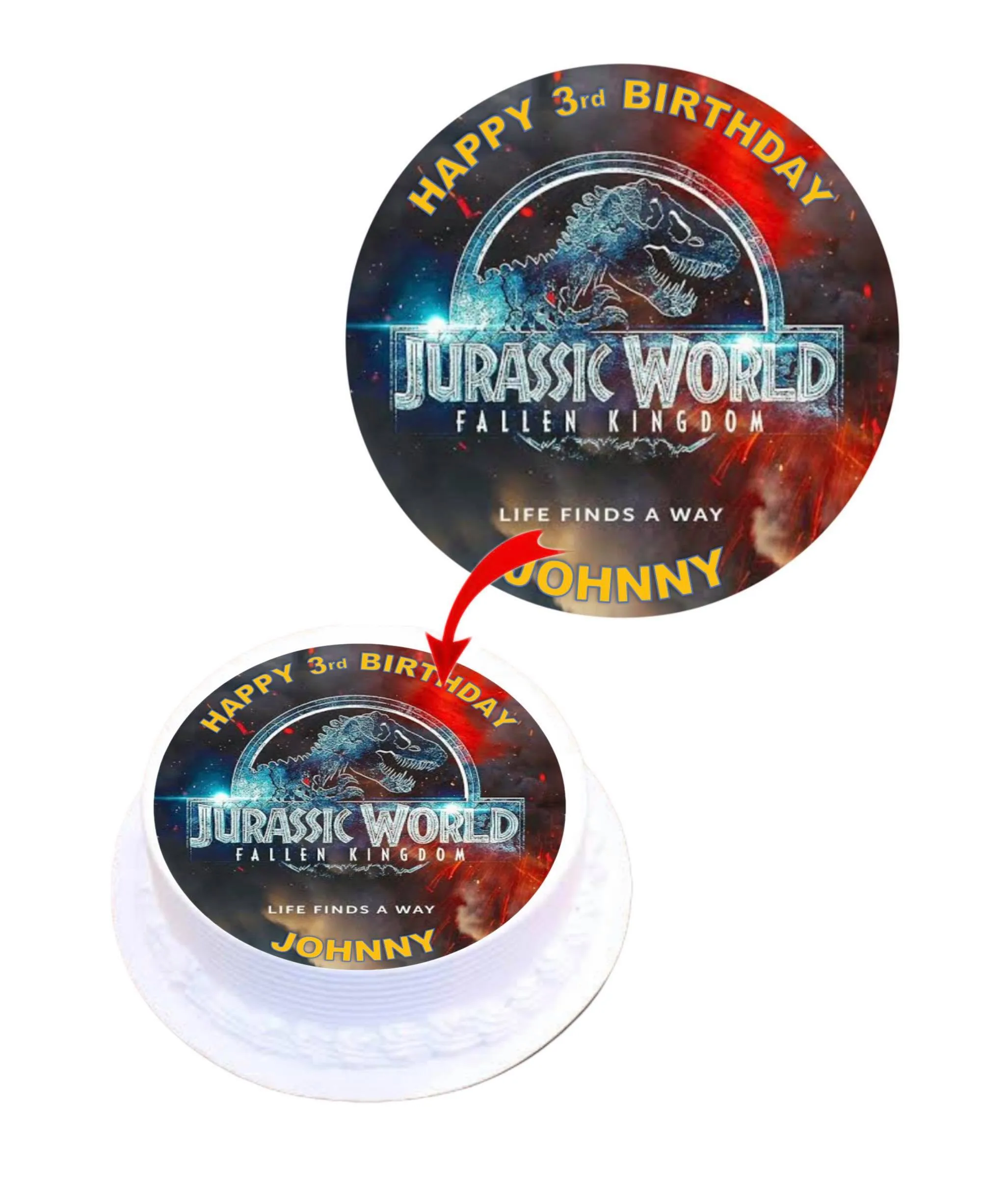 Jurassic World Fallen Kingdom Personalised Round Edible Cake Topper Decoration Images