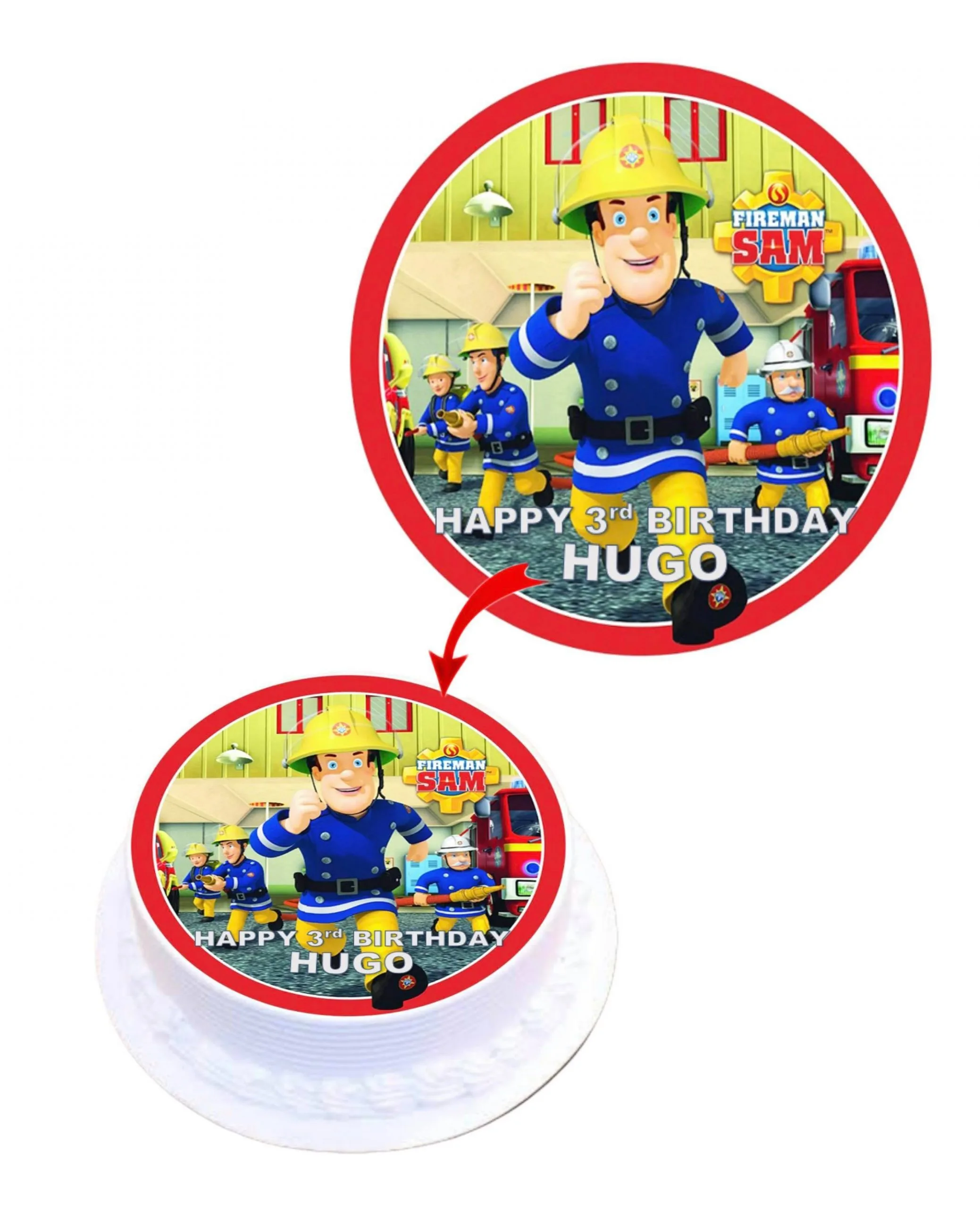 Fireman Sam Personalised Round Edible Cake Topper Decoration Images