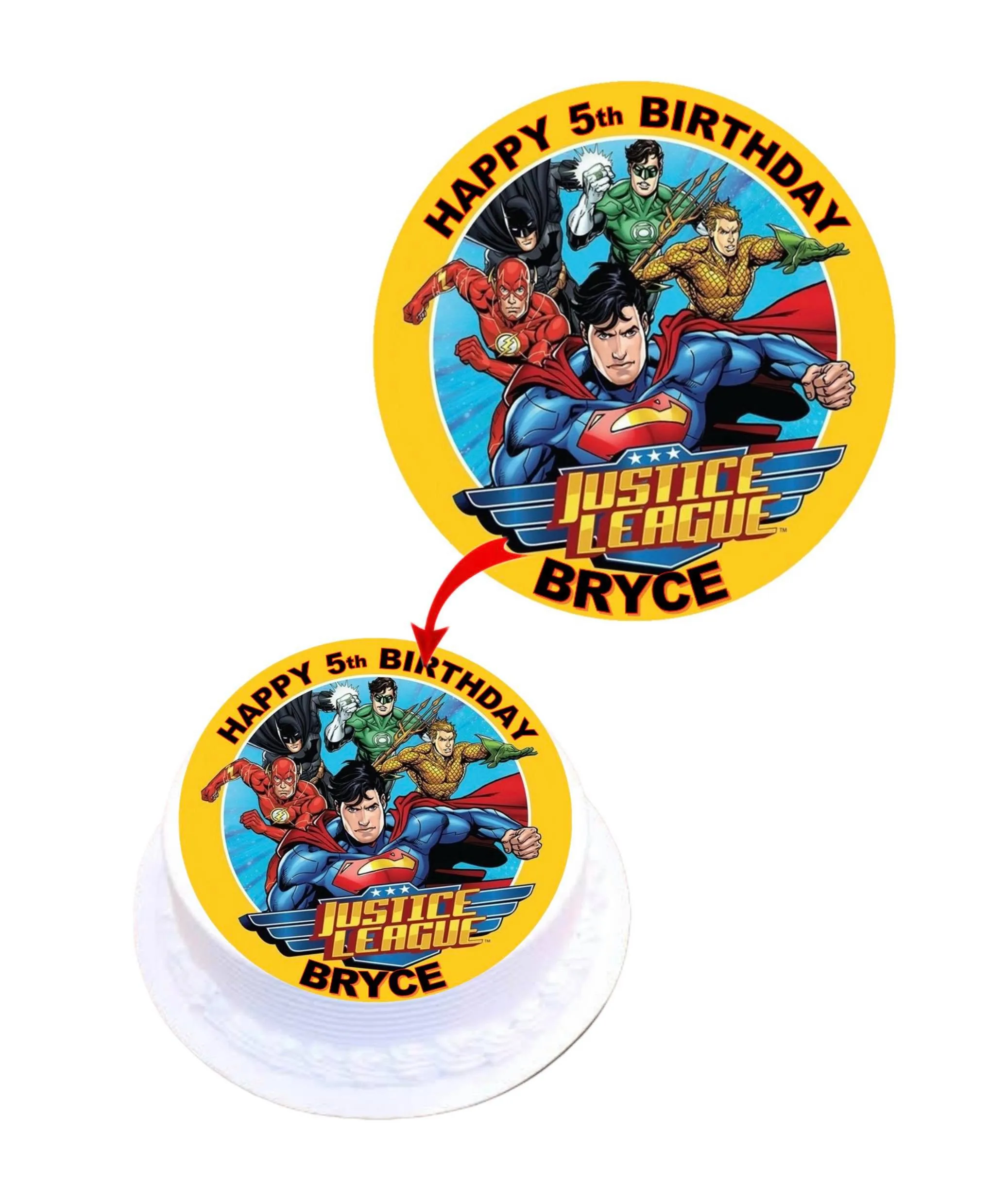 Justice League Personalised Round Edible Cake Topper Decoration Images