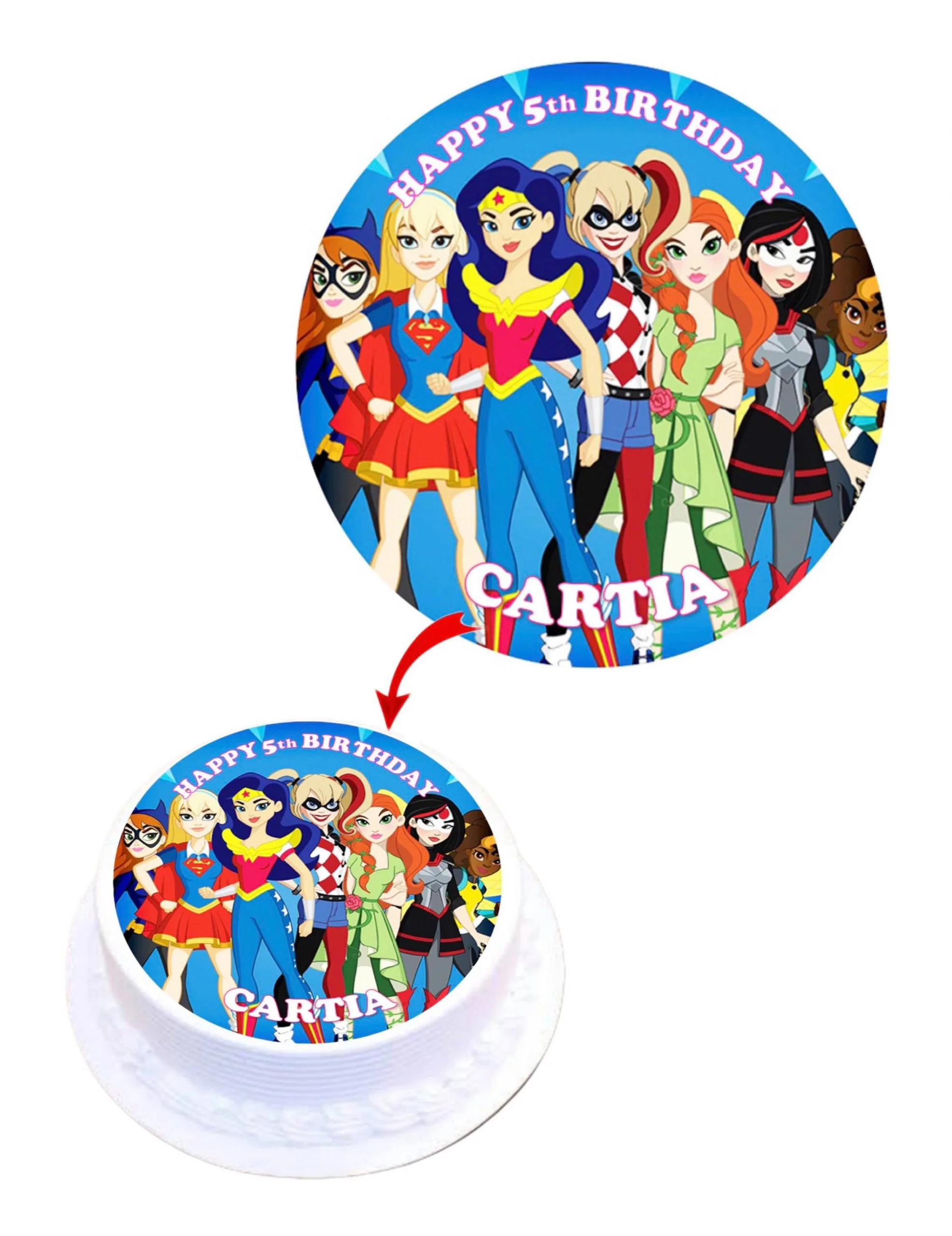 Super DC Girls Personalised Round Edible Cake Topper Decoration Images