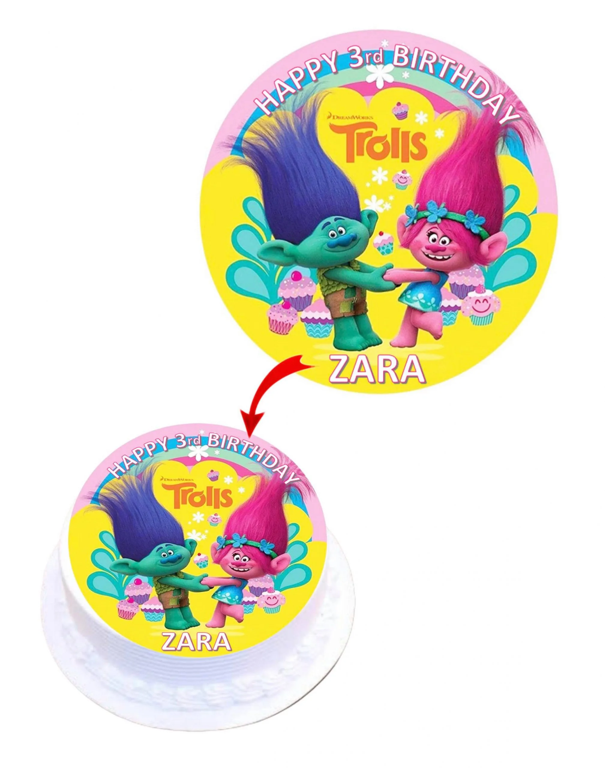 Trolls #2 Personalised Round Edible Cake Topper Decoration Images