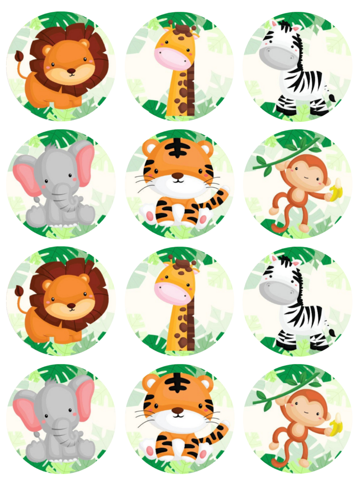 Jungle Animals Edible Cupcake Topper 4cm Round Uncut Images Decoration 