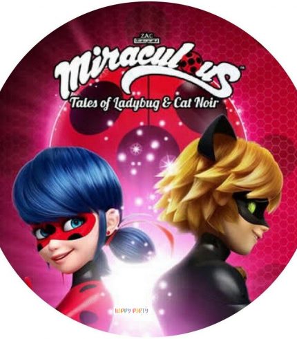 Miraculous Ladybug and Cat Noir Edible Birthday Cake Topper Decoration Round Image