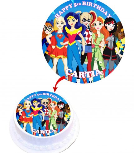Super DC Girls Personalised Round Edible Cake Topper Decoration Images
