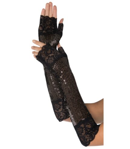 Fancy Sequin Long Black Fingerless Gloves