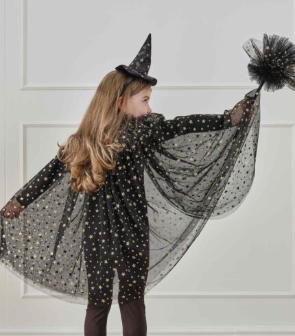 Fancy Dress Black & Gold Star Witch Costume Cape